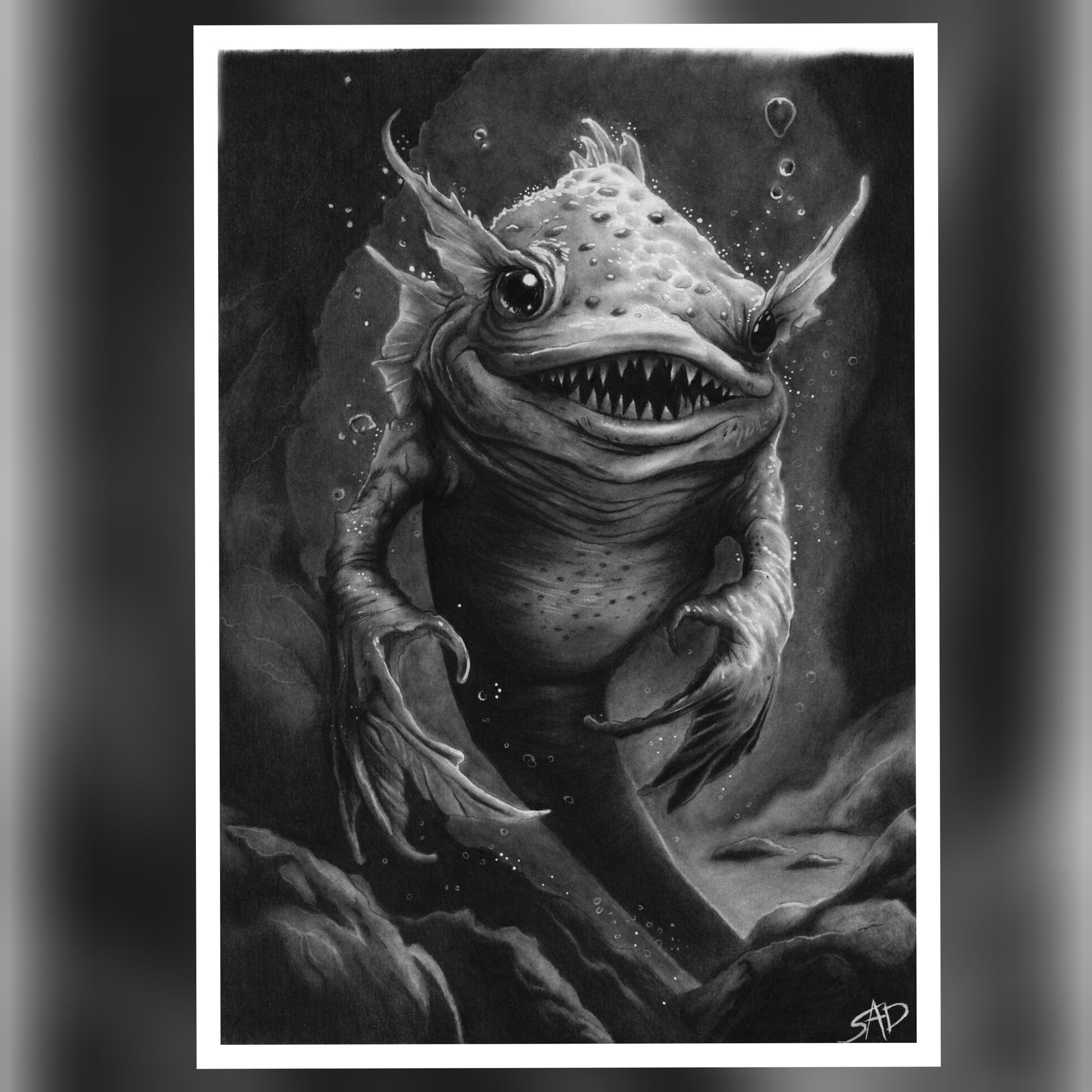 Creepy cute charcoal drawing of a qwerky sea creature. Lurking in the ocean.