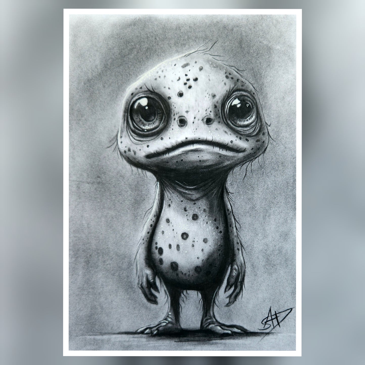 Black and white illustration of Vilma the Gloomling, eerie fantasy artwork featuring a strange, wide-eyed creature with a hauntingly playful expression.