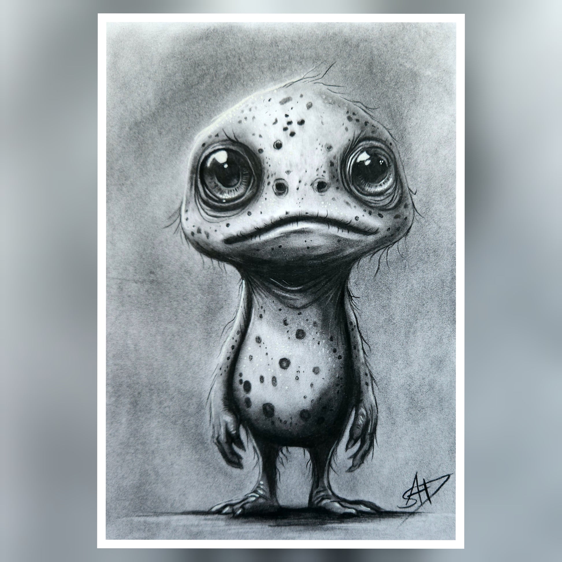 Black and white illustration of Vilma the Gloomling, eerie fantasy artwork featuring a strange, wide-eyed creature with a hauntingly playful expression.