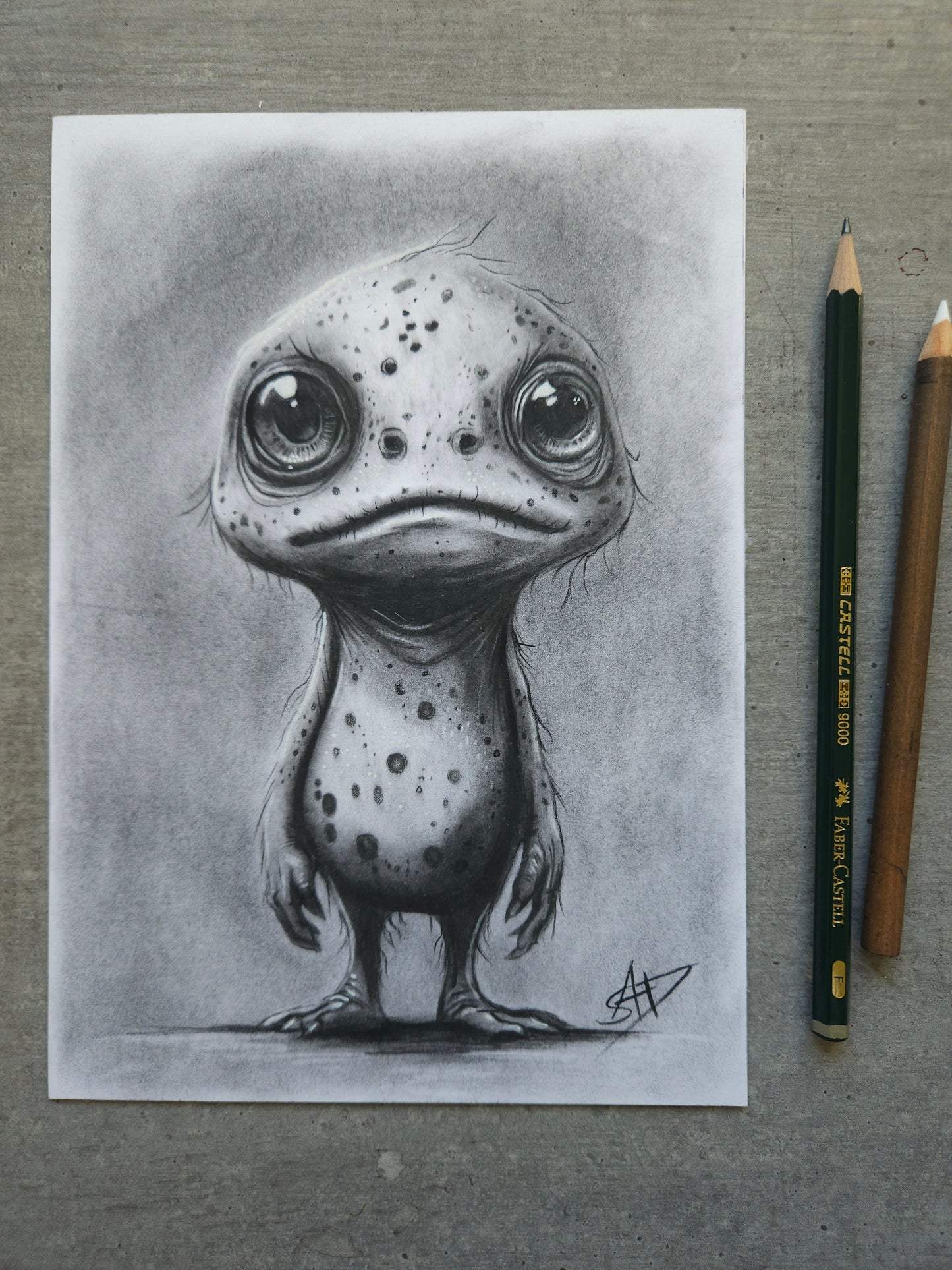 Black and white illustration of Vilma the Gloomling, eerie fantasy artwork featuring a strange, wide-eyed creature with a hauntingly playful expression.