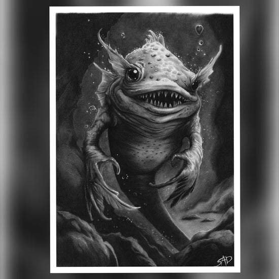 Dark fantasy charcoal artwork “Smiler from the Depths” by S.A.D Illustration, creepy monster portrait with glowing eyes and unsettling smile.