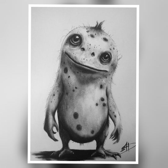 Dark whimsical drawing of a Gloomling, creepy cute fantasy monster artwork with surreal details and textured shading by S