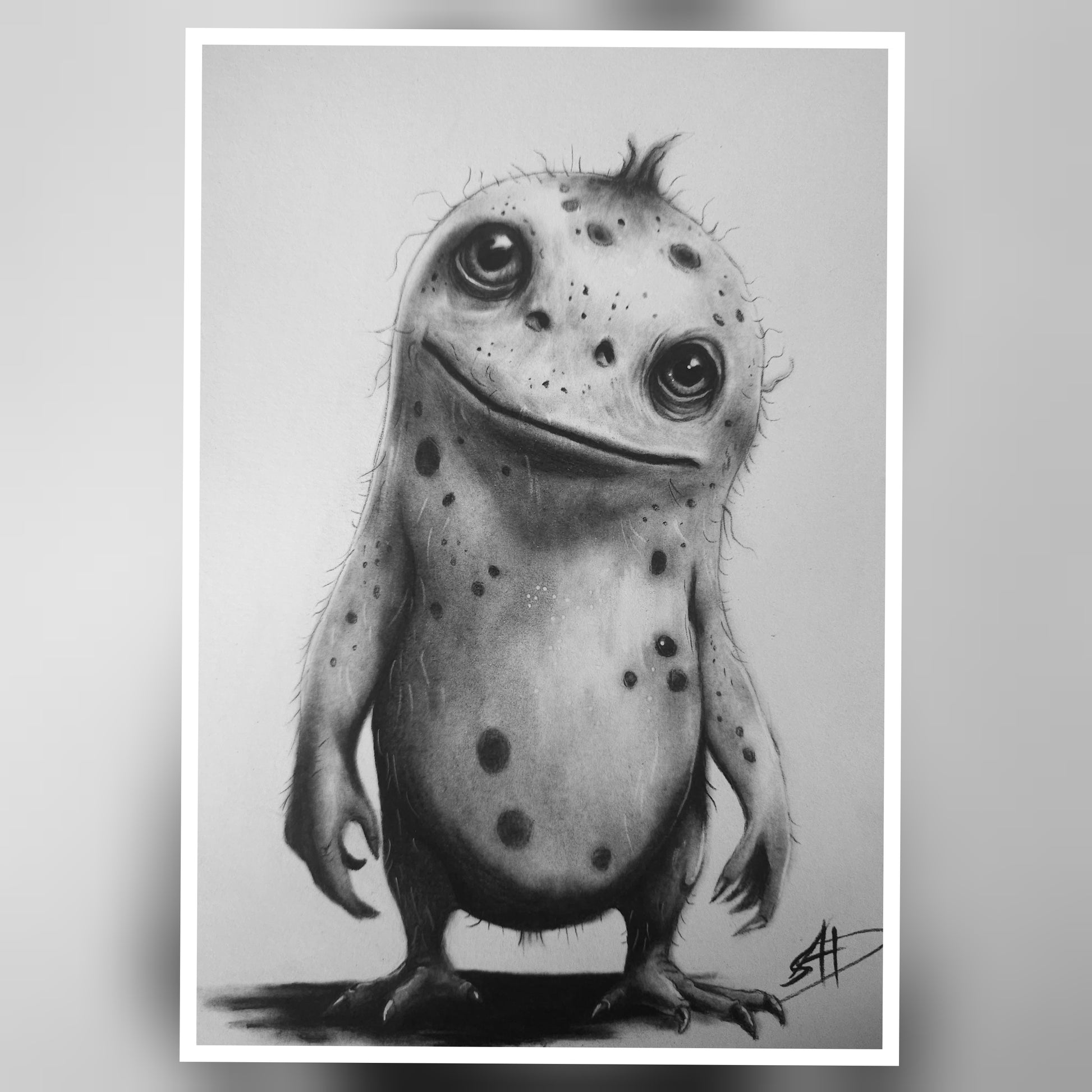 Dark whimsical drawing of a Gloomling, creepy cute fantasy monster artwork with surreal details and textured shading by S